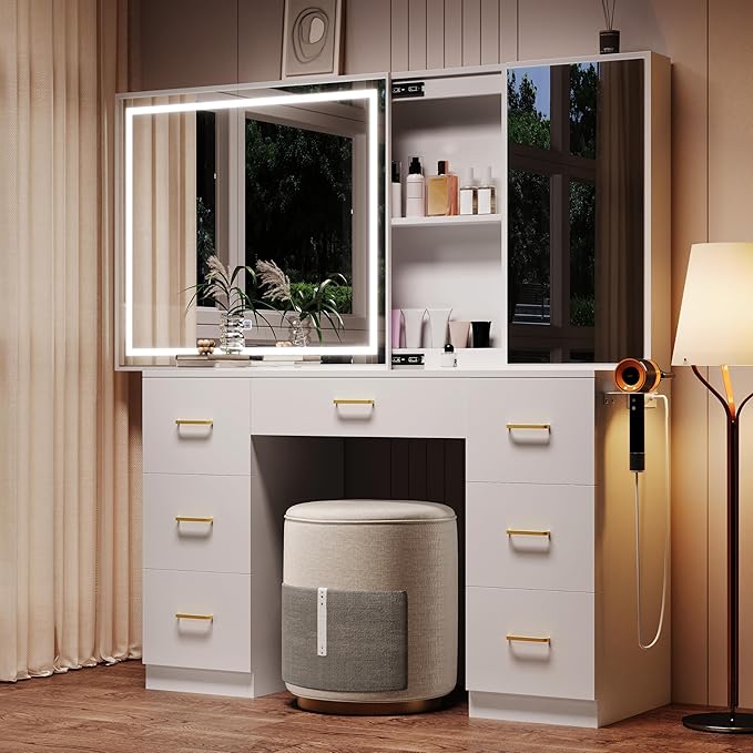 Vanity Desk with Lighted Mirror and Charging Station&Glass Tabletop, Sliding Mirror Makeup Vanity Table, Dressing Table with Hidden Storage Cabinet, Brightness Adjustable(Glass Tabletop-No Stool)