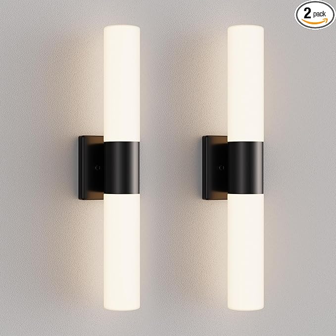 Bathroom Wall Sconces Set of Two, 21 Inch Modern Vanity Lights with Frosted Glass Shade, Bathrooms Vanity Lighting Fixtures for Mirror Bedroom Living Room Hallway (Black)
