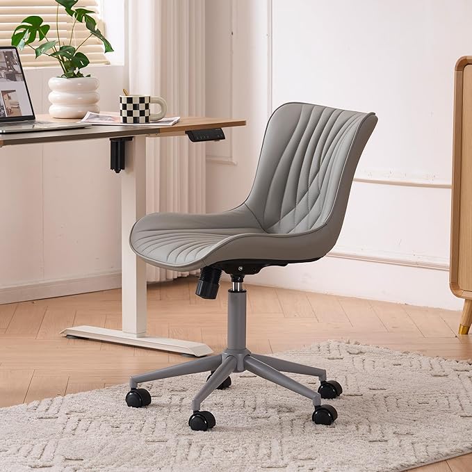 YOUTASTE All Grey Office Chair, Modern Armless Desk Chair with Back, Adjustable Swivel Rolling Faux Leather Task Chair with Wheels Metal Base for Home Office, Study, or Vanity