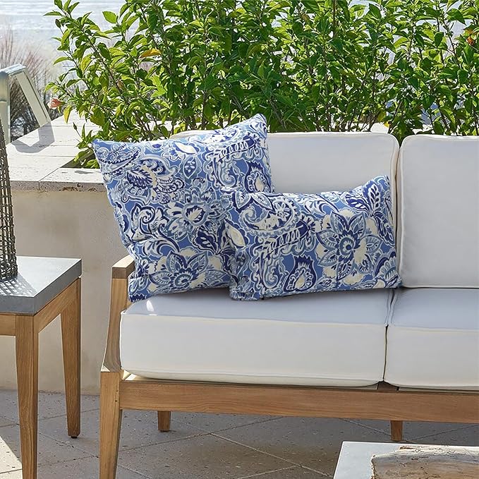 Outdoor Lumbar Pillow Covers 12”x20”, Rectangle Throw Pillow Covers for Patio Furniture, Decorative Lumbar Cushion Case for Garden Balcony Couch Office Chair, Pack of 2,Floral Bluish Violet