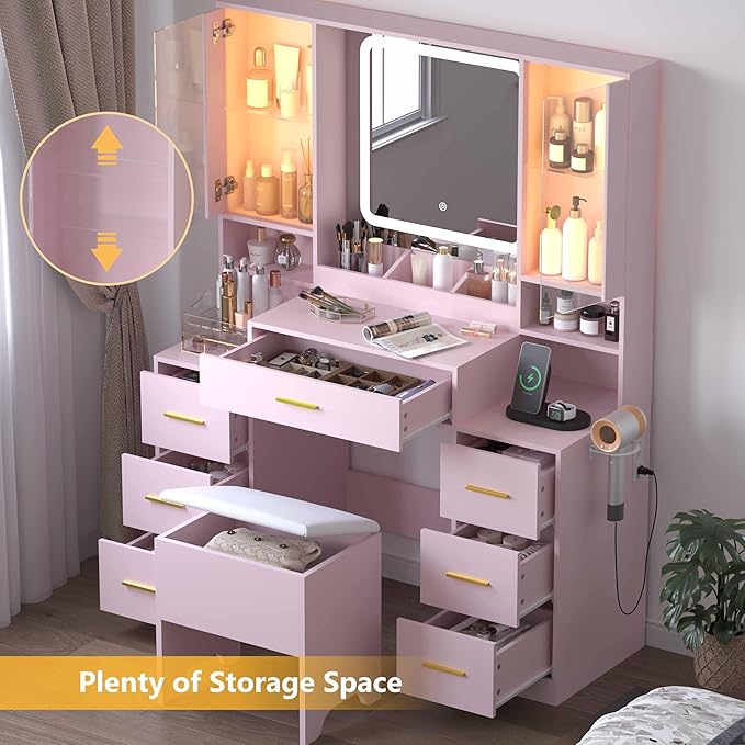 Pink Makeup Vanity Desk with Mirror & Lights, Modern Vanity Table with Charging Station, 7 Drawers, Glass Cabinet, Shelves & Cushioned Stool, Bedroom Dressing Table Set for Women & Girls