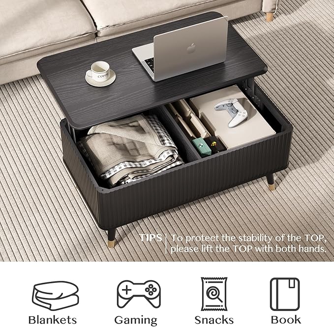 Lift Top Coffee Table with Storage,Mid Century Modern Coffee Table,Fluted Wood Rectangle Center Table for Living Room,Home Office,Black