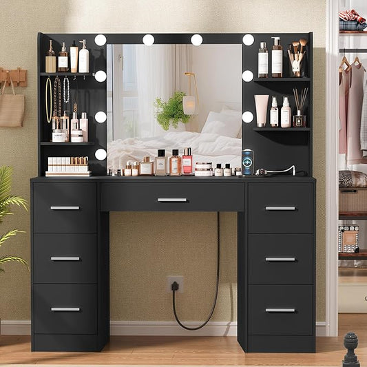 Quimoo Large Vanity Desk with LED Lighted Mirror & Power Outlet,Makeup Vanity Table with 7 Drawers,4 Shelves and 5 Hooks,Vanity Table, Vanity Desk Set for Bedroom,Bathroom，Black