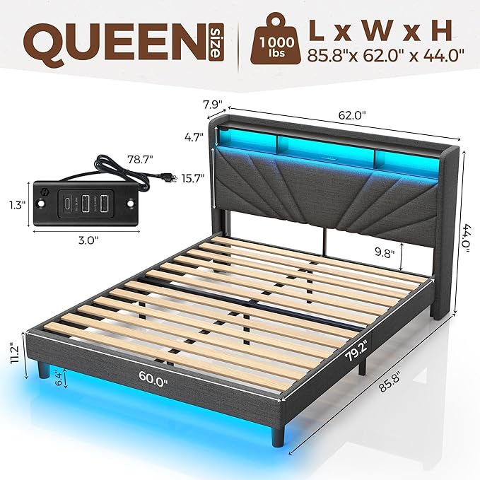 Rolanstar Queen Size Bed Frame, Storage Headboard with Charging Station and LED Lights, Upholstered Bed with Heavy Duty Wood Slats, No Box Spring Needed, Noise Free, Easy Assembly, Dark Grey