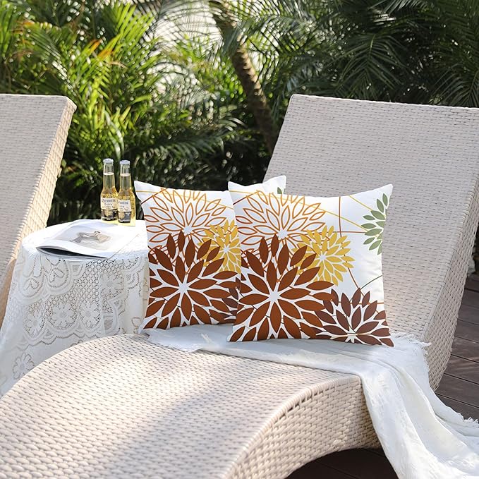 Brown and Yellow Floral Pillow Covers 18x18 Set of 2 Outdoor Waterproof Decorative Throw Pillows Summer Pillow Covers Polyester Cushion Case Decor for Couch Patio Funiture Garden Porch 011E18