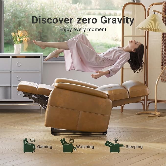 Claiks Zero Gravity Recliner Chair, Oversized Reclining Chair for Adults, Adjustable Electric Reclining Sofa Lounge with USB&Type-C Ports, Side Pocket, for Living Room, PU Leather, Brown