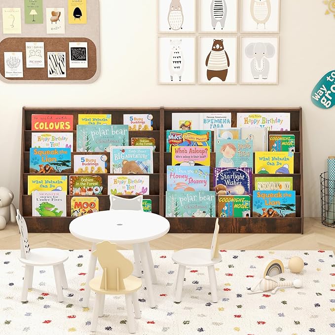 GLACER Kids Bookshelf, 5 Tier Wooden Montessori Book Display Rack, Front Facing Toddler Bookcase, Toy Storage Organizer, Book Shelf for Kids Rooms, Nursery, Classroom and Playroom (Rustic Brown)