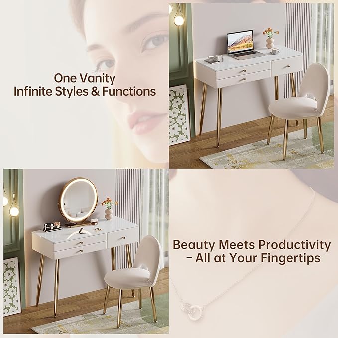 Modern Vanity Desk with Mirror and Lights, 39" Gray Makeup Vanity Set with Adjustable Chair & Drawers, White and Gold Dressing Table for Small Spaces & Bedroom