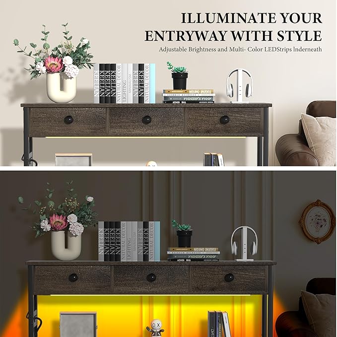 47" Entryway Table with Outlets: Console Table with Storage Shelves, USB Ports, LED Light Strip, and 3 Wood Drawers for Sofa, Living Room, Hallway, Foyer, Couch, TV and Aquarium Stand