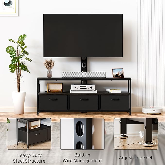 JUSTOGO TV Stand with Mount and Power Outlet, TV Stand Mount with Storage for Living Room, Entertainment Center with LED Lights for 45/55/60/65 inch, Height Adjustable Media Console, Black