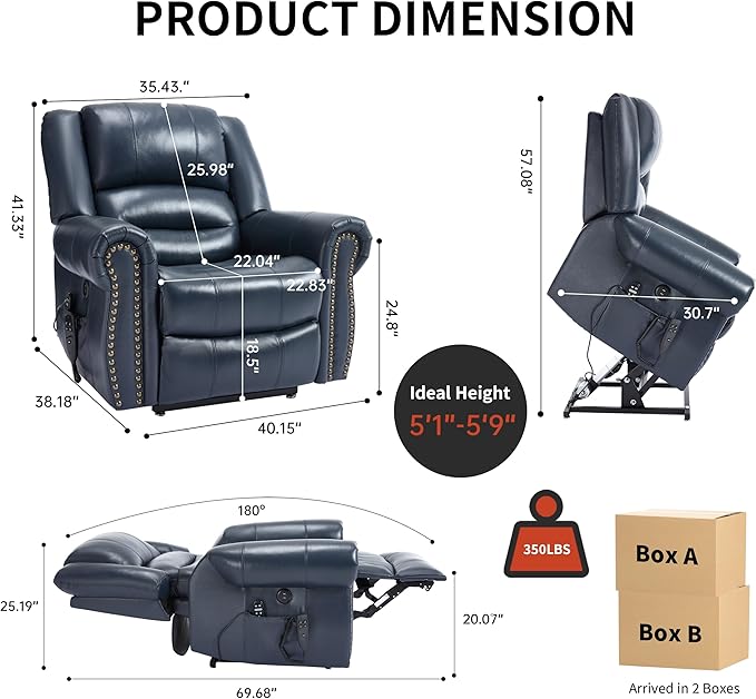 Dual Motor Power Lift Chair, Lay Flat Recliner Chair, Electric Recliner with Massage and Heat for Elderly, Remote Control, Infinite Position, Standing Assistance, USB Ports (Blue, Genuine Leather)