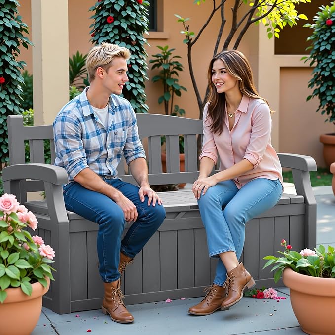 JUMMICO 80 Gallon Resin Outdoor Storage Bench, Large Deck Box with Armrest, Lockable & Waterproof for Garden, Home, Patio, Pools (Grey)