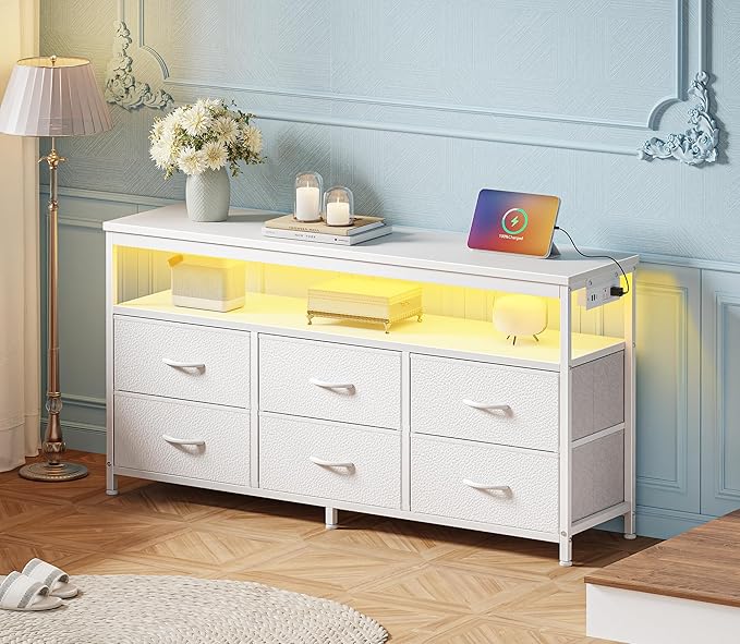Huuger LED TV Stand for Bedroom, 47 Inch Dresser TV Stand for 43, 50, 55 Inch TV, White TV Stand with Storage, Entertainment Center with Power Outlets, 6 Drawer Fabric Dresser for Living Room