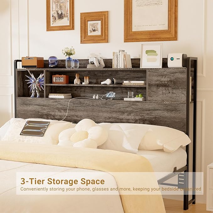 Unikito Headboard for Full Size Bed, Bookcase Style Head Board with Power Outlet and RGB LED Light, Reversible Headboard with Storage, Height Adjustable, Sturdy and Stable, Full Size, Black Oak