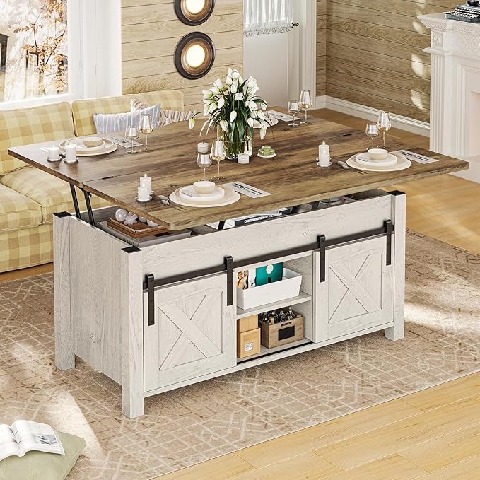 SEDETA Lift Top Coffee Table, 4 in 1 Multi-Function Convertible Coffee Tables with Storage and Hidden Compartment, Farmhouse Coffee Table Converts to Dining Table for Living Room, Brown Top