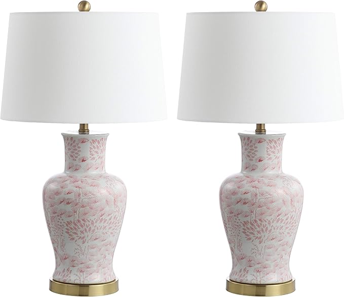SAFAVIEH Lighting Collection Calli Pink/ White Chinoiserie 28-inch Bedroom Living Room Home Office Desk Nightstand Table Lamp Set of 2 (LED Bulbs Included)