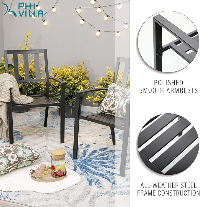 PHI VILLA 5 Piece Outdoor Dining Set for 4, 37” Metal Steel Dining Table with Wood-Like Tabletop & Stacking Wrought Iron Chairs for Patio, Deck, Yard