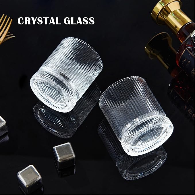 Ribbed Whiskey Glasses Set of 8, 12 Oz Lead-Free Crystal Heavy Base Barware Glass, Perfect for Bourbon Rocks Cocktail Scotch Drinking