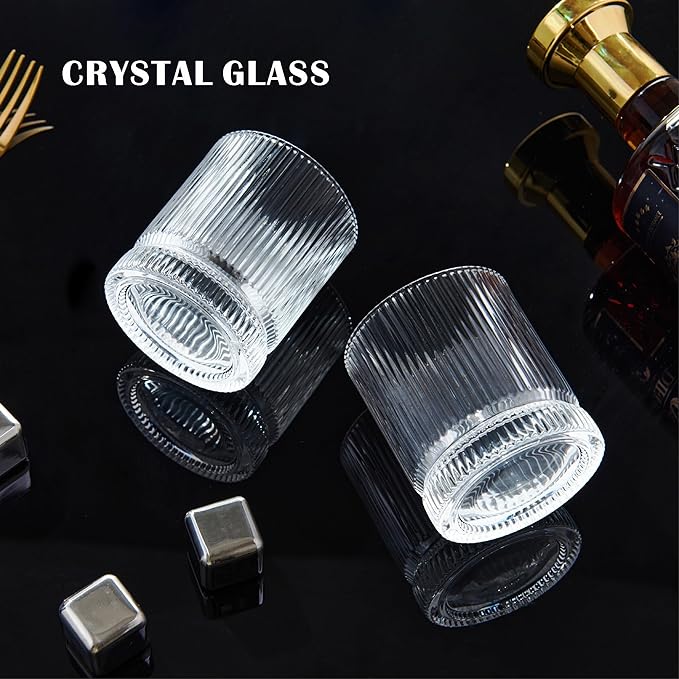 Ribbed Whiskey Glasses Set of 4, 12 Oz Lead-Free Crystal Heavy Base Barware Glass, Perfect for Bourbon Rocks Cocktail Scotch Drinking