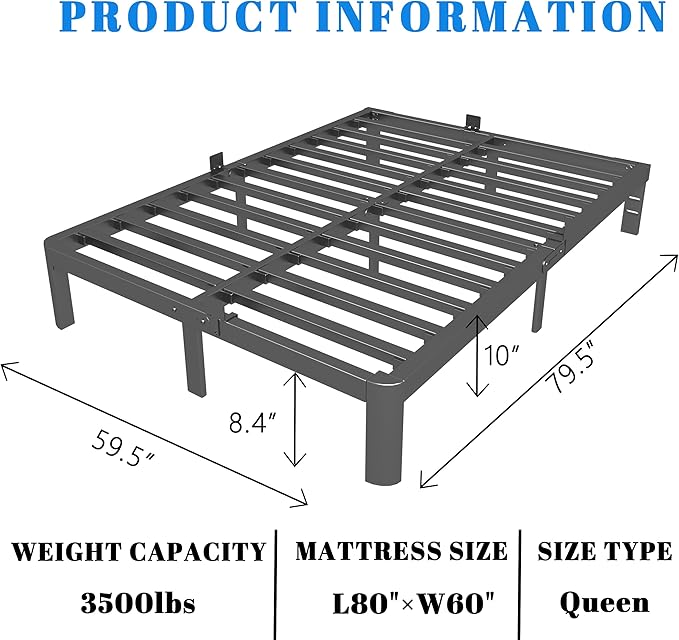 10 Inch Queen Bed Frame, Black Bed Frame Queen Size with Metal Baffles, No Box Spring Needed, Heavy Duty Steel Platform Support, Rounded Corner Design, Reserved Holes, Storage Space, Noise Free