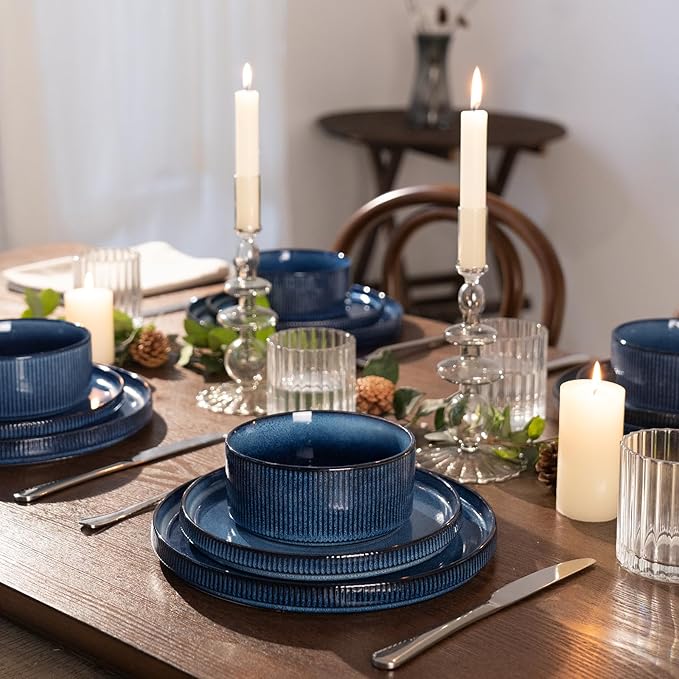Famiware Star Dinnerware Set with Pasta Bowls, Service for 4 (16pcs), Ribbed Stoneware Plates and Bowls Dishes Sets - Chip & Scratch Resistant, Microwave & Dishwasher Safe, Nebulas Blue