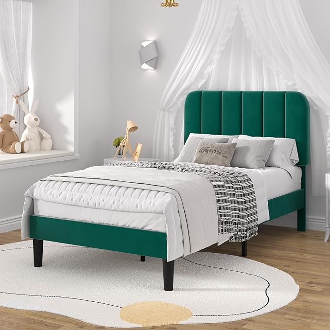 VECELO Twin Size Bed Frame with Upholstered Headboard, Velvet Platform Bedframe Mattress Foundation, Strong Wood Slat Support, No Box Spring Needed,Green