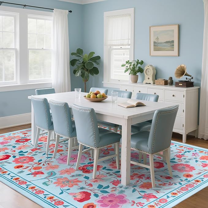9x12 Area Rug for Living Room Clearance, Modern Washable Rug Non Slip Low Pile Floral Rugs for Living Room, Bedroom, Farmhouse, Dining Room, Kids Playroom, Blue
