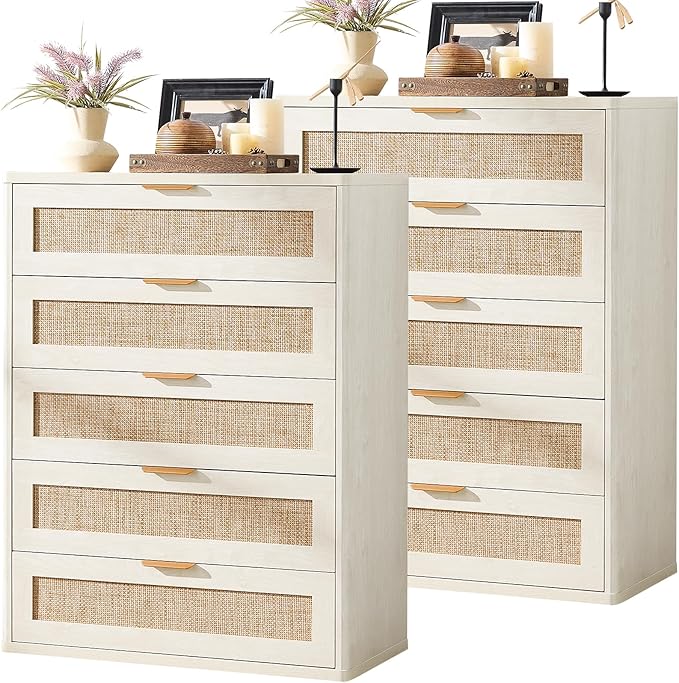 LEYAOYAO Rattan Dresser for Bedroom Set 2, 41" Tall Chest of Drawers, Modern 5 Drawers Boho Dressers with Storage, Light Oak Dresser Wooden Closet Organizer for Living Room, Hallway, Natural Wood