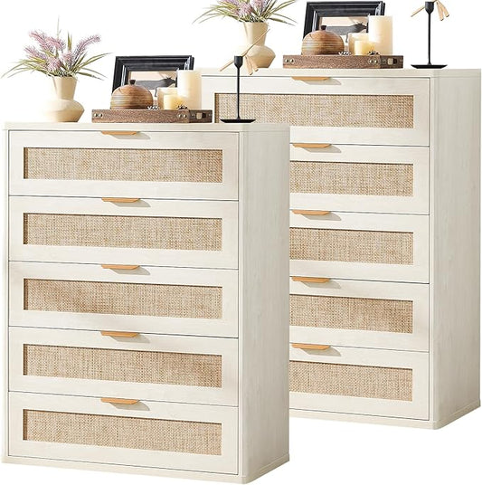 LEYAOYAO Rattan Dresser for Bedroom Set 2, 41" Tall Chest of Drawers, Modern 5 Drawers Boho Dressers with Storage, Light Oak Dresser Wooden Closet Organizer for Living Room, Hallway, Natural Wood