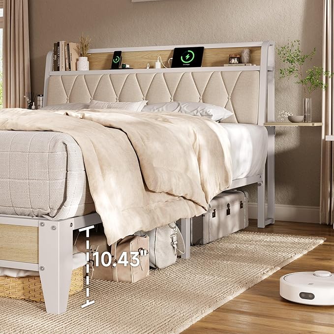 Queen Bed Frame with Side Storage Shelf, Ergonomic Upholstered Headboard with Charging Station, Queen Size Platform Bed Frame, Metal Slats Support, No Box Spring Needed, Easy Assembly, White