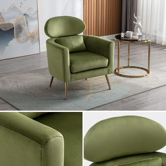 Accent Chair Set of 2 Upholstered Barrel Arm Chair for Living Room Bedroom Reception Room Office, Modern Soft Padded Single Sofa Chair with Golden Legs & Lumbar Pillow, Velvet Green