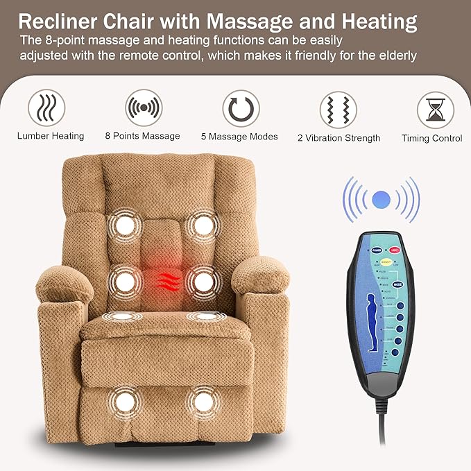 SALOHZA Power Lift Recliner Chair for Elderly with Massage and Heat for Living Room, Electric Recliner Chair for Adults with USB/Type C Port/Cup Holders, Velvet Fabric, Beige