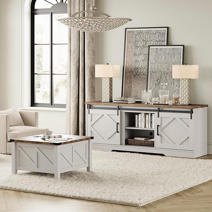 WAMPAT Farmhouse 75 in TV Stand and Coffee Table Set, Entertainment Center for TVs Up to 75", 30" Square Wood Center Table with Gas Spring Flip-Top for Living Room,Antique White