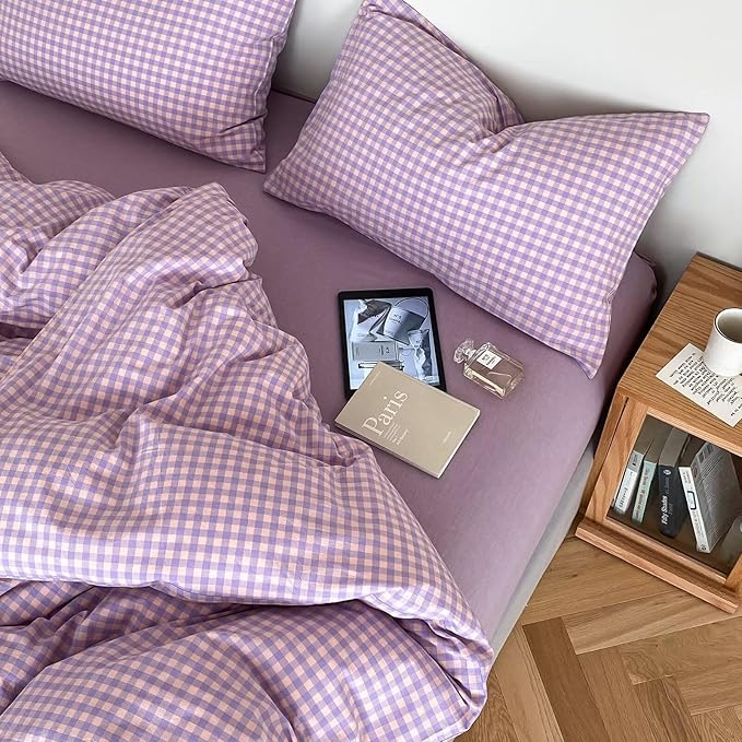 mixinni Purple Gingham Comforter Set Full, Plaid Comforter Set 3 Pieces 1 Purple Grid Comfoter with 2 Pillow Cases for All Seasons, Soft Fluffy Modern Grid Pattern Printed Bedding-Full Size