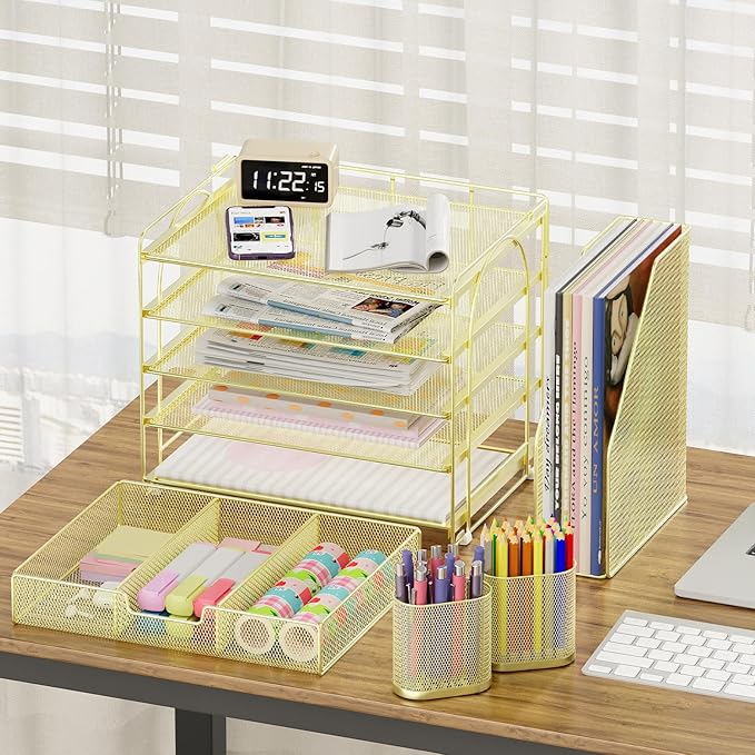 Desk Organizers and Accessories with File Holder, 5-Tier Office Desk Accessories & Workspace Desktop Organizer with Drawer and 2 Pen Holder, File Paper Organizer for Office Supplies(Gold)