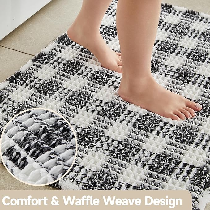 Waffle Runner Rug Bathroom, Long Boho Bathroom Rugs Non Slip Washable Absorbent Checkered Bathroom Mat Quick Dry Farmhouse Bath Mat, 60"x24" Black and White