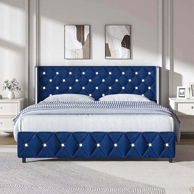 HOMBCK King Size Bed Frame with Headboard, Upholstered Bed with Diamond Tufted Design Design, Modern King Size Bed with Wingback, No Box Spring Needed, Easy Assembly, Blue