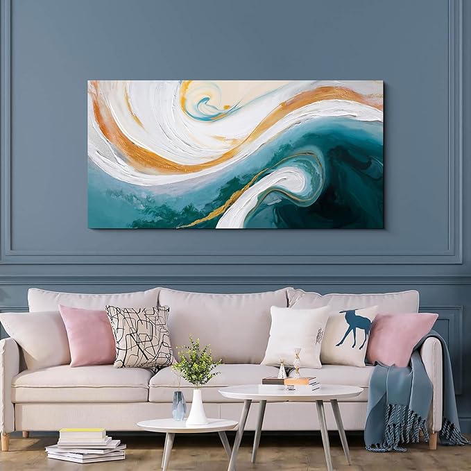 XLSJERST Abstract Canvas Wall Art for Living Room - Large Nave Blue and White Wall Decor Picture Modern Orange Painting Artwork for Bedroom Home Office Decoration Size 48x24 Inches