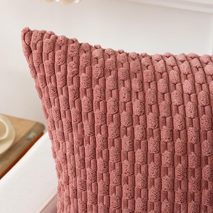 Kevin Textile Throw Pillow Covers Soft Corduroy Decorative Set of 2 Valentines Day Boho Striped Pillow Covers Pillowcases Farmhouse Home Decor for Couch Bed Sofa Living Room 16x16 Inch Blush Pink