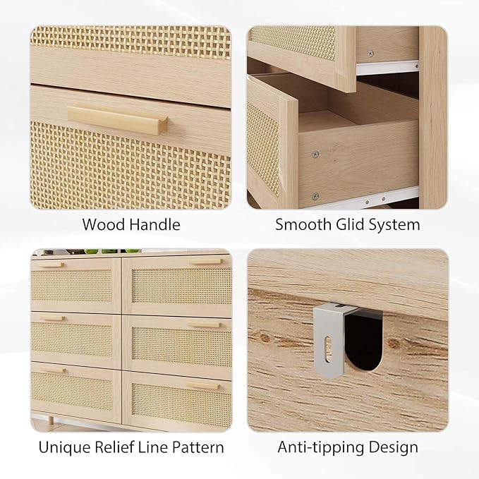 Rattan Dresser for Bedroom, Modern 6 Drawer Double Dresser with Gold Handles, 47" Wide Mid Century Modern Chest of Drawers with Sliding Drawers for Bedroom, Living Room or Hallway (Natural)
