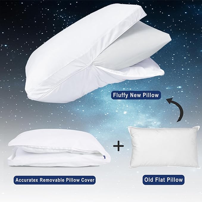 ACCURATEX Fluffy Pillow Cover, 100% Cotton Shell Filled with Down Alternative, Revive Old Flat Pillows, L Shaped Zipper Pillow Protector for King Size Pillow, Removable & Machine Washable