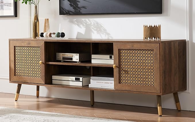 Mid Century Modern TV Stand for Living Room, TV Consoles for TVs Up to 75" - Rustic Oak Entertainment Center, 2 Gold Metal Mesh Doors & MDF Wood Grain, 15.8" D x 66" W x 23.5" H
