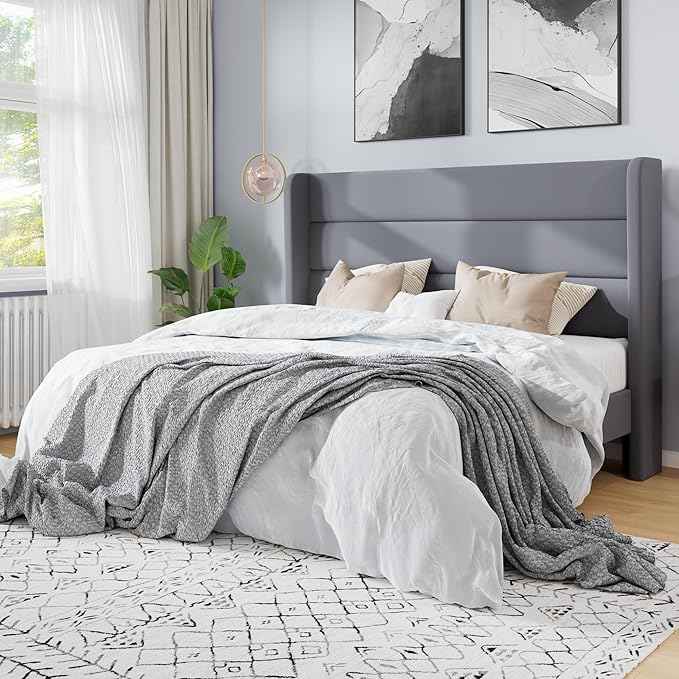 SHA CERLIN Queen Size Velvet Bed Frame/Vertical Channel Tufted Wingback Headboard/Upholstered Platform Bed with Wooden Slats/Mattress Foundation/No Box Spring Needed/Easy Assembly/Grey