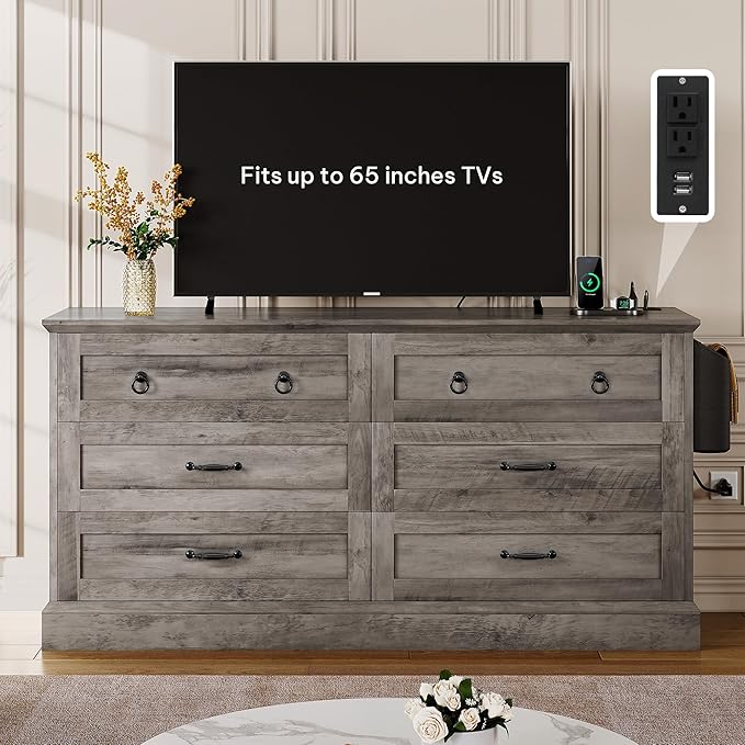 DWVO Farmhouse 6 Drawers Dresser, 59" Wide Wood Rustic Chest of Drawers with Nice Texture, Vintage Design, Storage Dressers Organizer for Living Room, Hallway, Grey