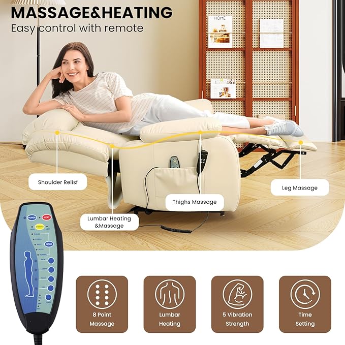 TEKAMON Power Lift Recliner Chair for Elderly with Heat & Massage, Dual Motor Genuine Leather Recliner, Lay Flat Sleeping Chairs with Infinite Position, RemoteControl(Beige, Extended)