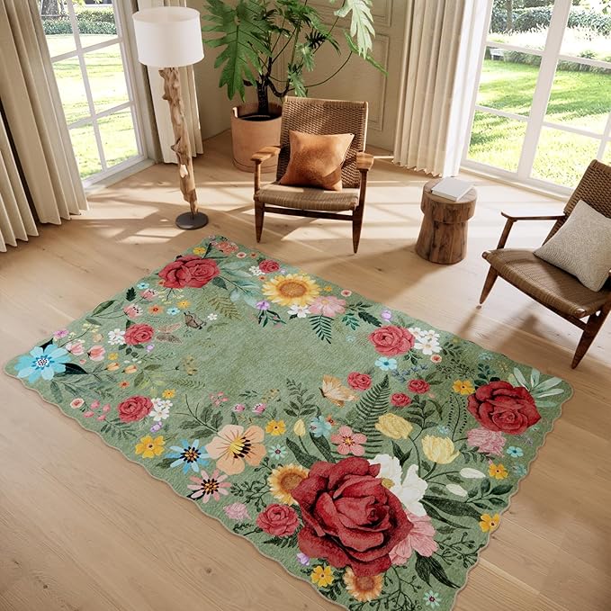 Washable Floral Area Rugs for Living Room, 5'x7' Green Soft Non-Slip Bedroom Rug Stain Resistant Lightweight Boho Vintage Low-Pile Throw for Dining Room Office