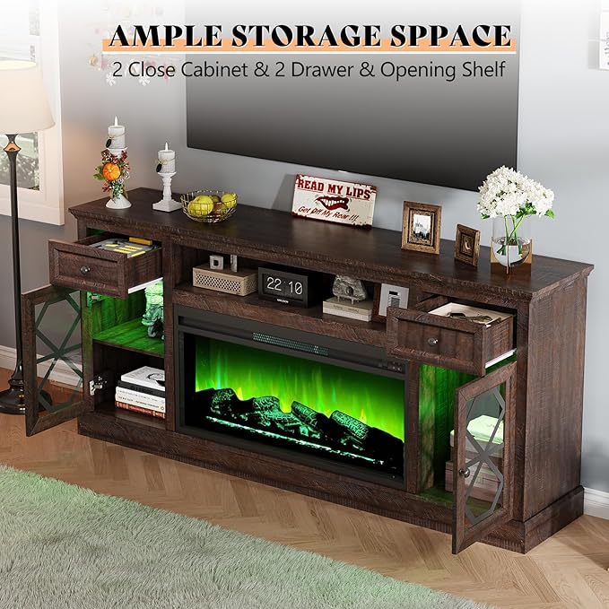 AMERLIFE Farmhouse 70" Fireplace TV Stand with 37" Fireplace, Large LED Media Entertainment Center for 80" TVs, 31" Tall Highboy TV Console Cabinet with Diamond Door for Living Room, Espresso