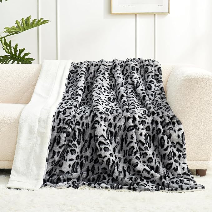 Cozy Bliss Luxury Faux Fur Throw Blanket Leopard Print, Non Shedding Double Sided Sherpa Blankets Super Soft Fluffy Thick Warm Throws Home Decor for Couch Bed Sofa Women,50"*60"Inches Snow Leopard