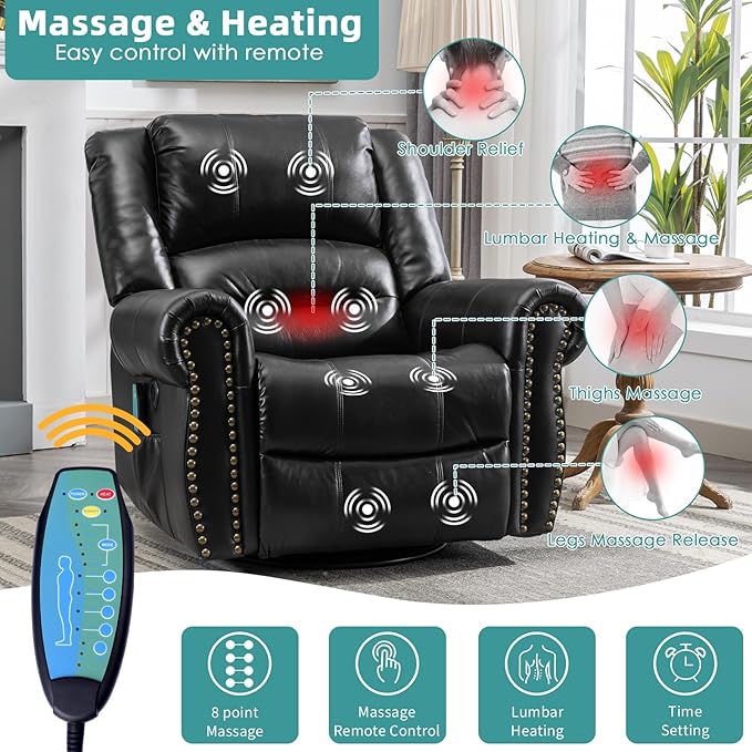 MEETWARM Massage Swivel Rocker Recliner with Heat and Vibration, Manual Glider Rocking Recliner Chair, 360°Swivel Lounge Reclining Chair with Remote Control/USB Ports for Living Room(Black)