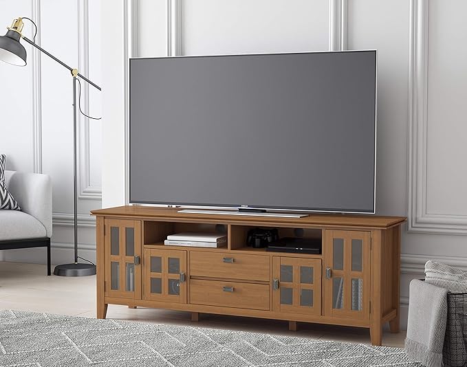 SIMPLIHOME Artisan SOLID WOOD 72 inch Wide Transitional TV Media Stand in Honey Brown For TVs up to 80 inches for the Living Room and Entertainment Center